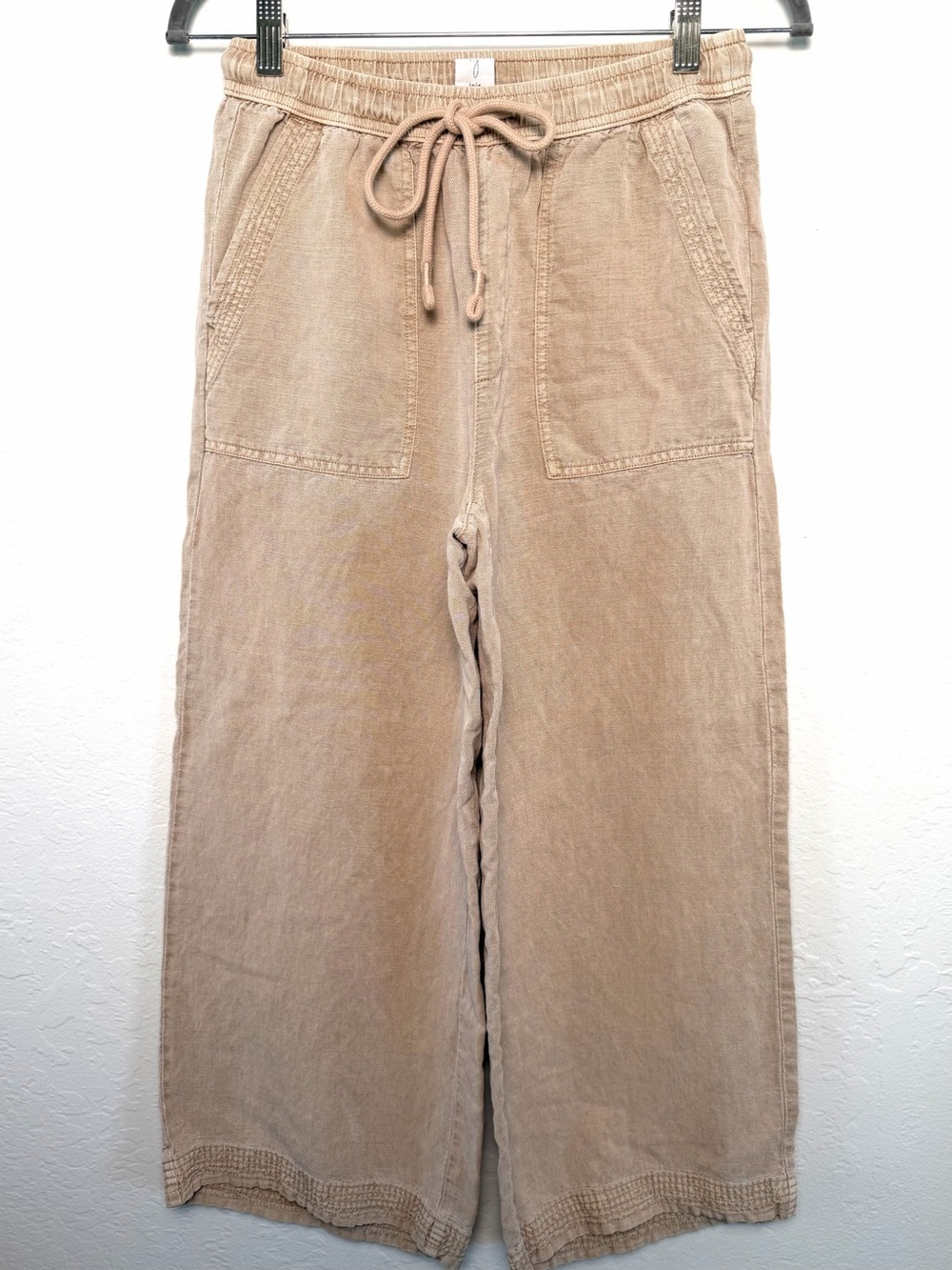 Joie Wide-Leg Cropped Relaxed Pants Linen Lyocell Drawstring Tan Small
